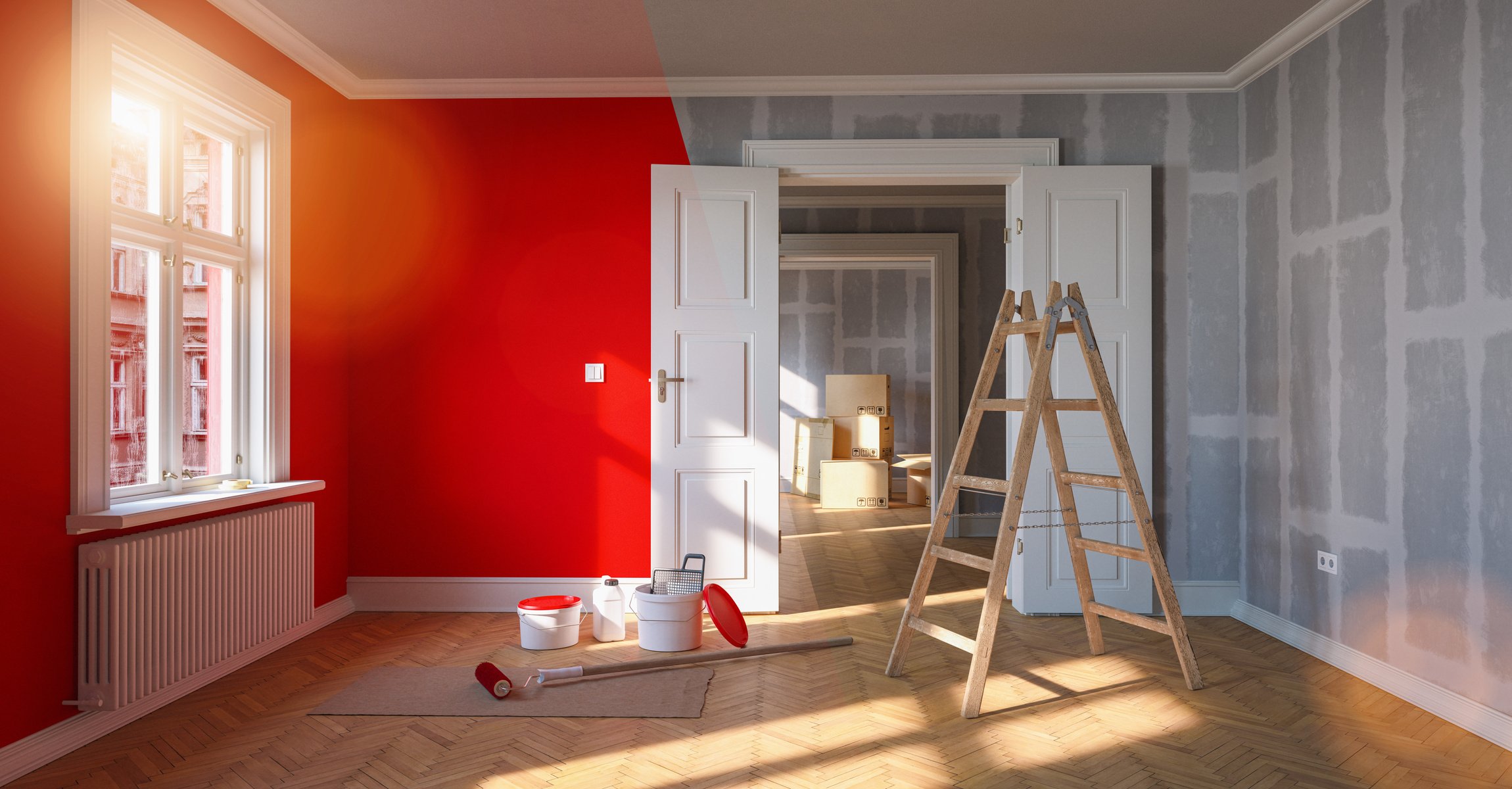 Painting Wall Red in Room before and after Restoration or Refurb